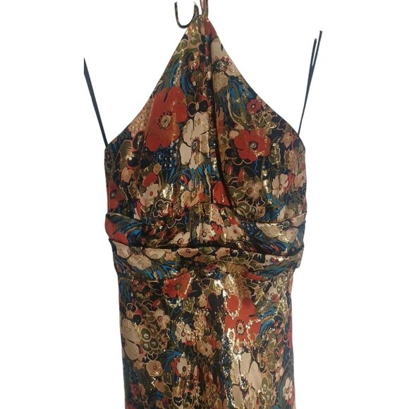 NWT Nicole Miller Sz 4 Floor Length Silk  Maxi Halter Metallic Floral Dress - Picture 3 of 15